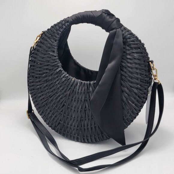 Scoop Handbags - Boho Large Crescent Crosbody Woven Rattan  Handbag With Fabric Handle Wrap